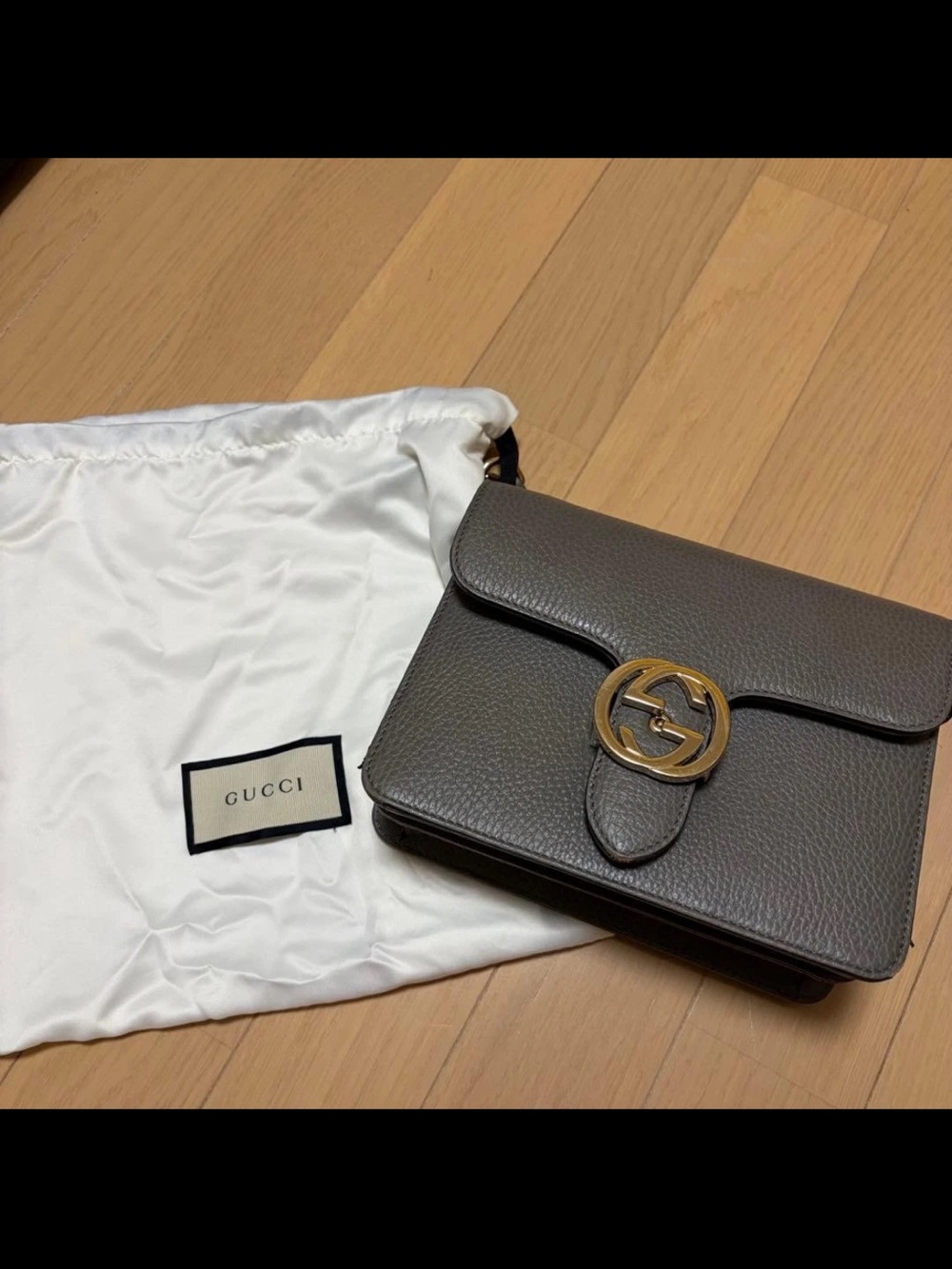 Gucci Gray Pebbled Leather Crossbody with Gold GG